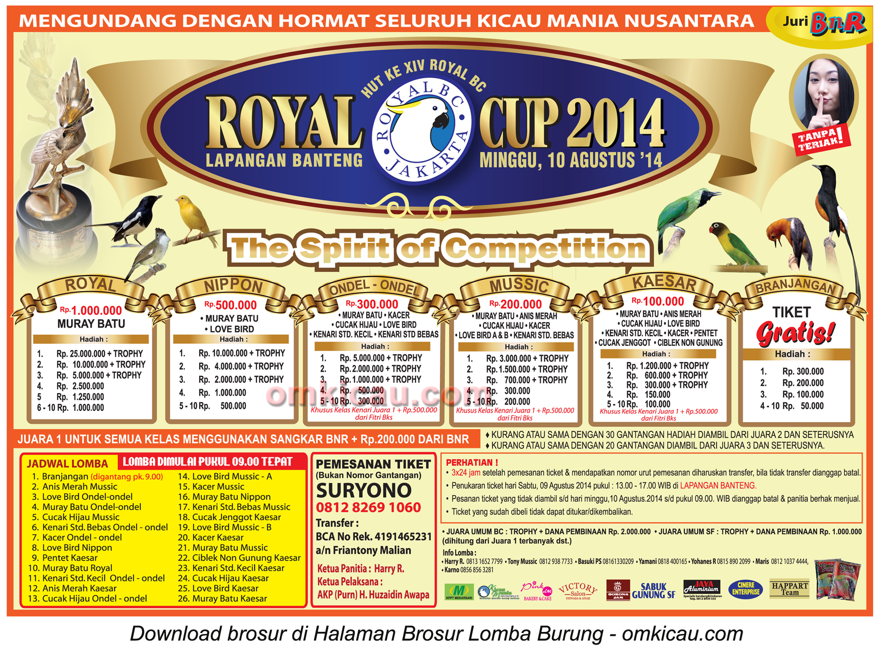 Brosur Lomba Burung Berkicau Royal Cup, Jakarta, 10 Agustus 2014