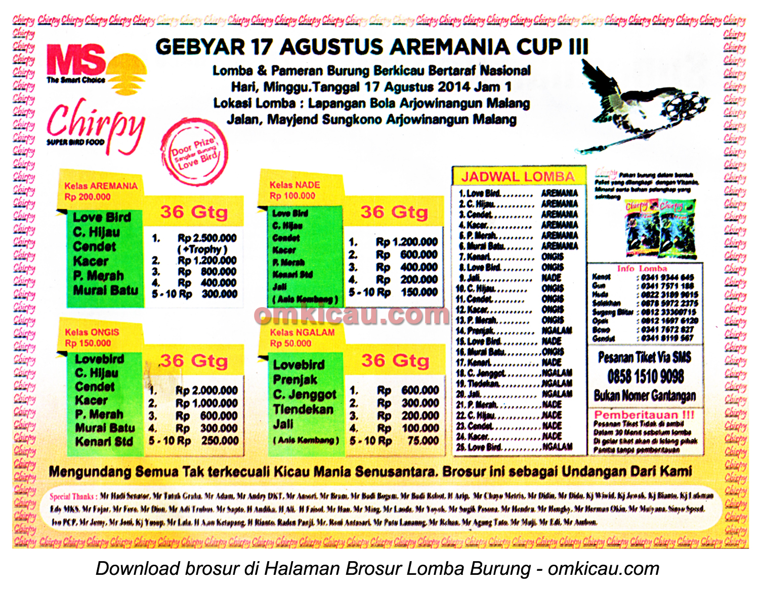 Brosur Lomba Burung Berkicau Gebyar 17 Agustus Aremania Cup III, Malang, 17 Agrustus 2014