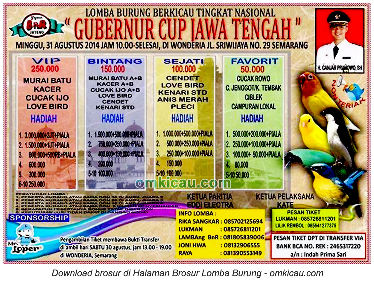 Brosur Lomba Burung Berkicau Gubernur Cup Jawa Tengah, Semarang, 31 Agustus 2014