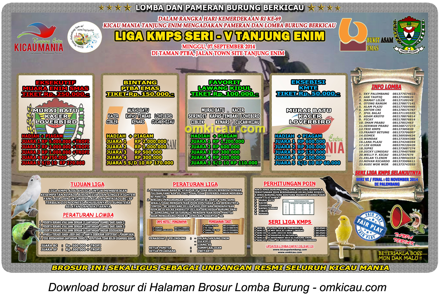 Brosur Lomba Burung Berkicau Liga KMPS Seri V, Tanjung Enim, 7 September 2014