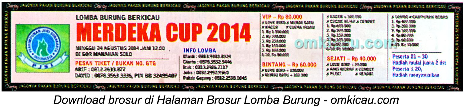 Brosur Lomba Burung Berkicau Merdeka Cup 2014, Solo, 24 Agustus 2014