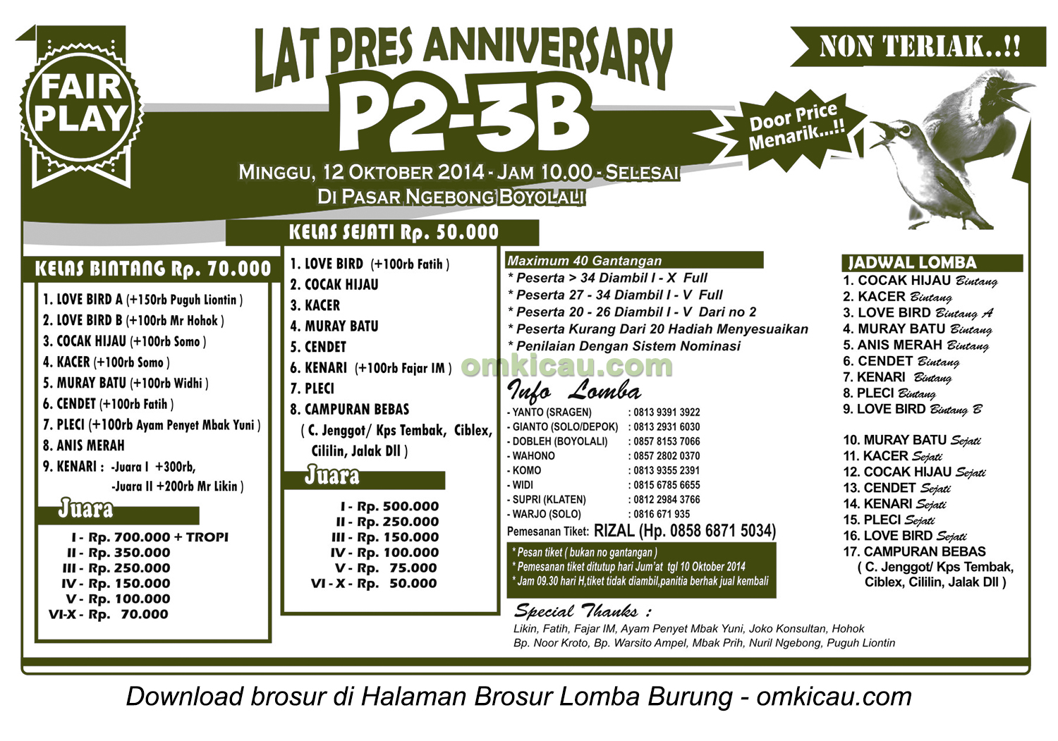 Brosur Latpres Burung Berkicau Anniversary P2-3B, Boyolali, 12 Oktober 2014