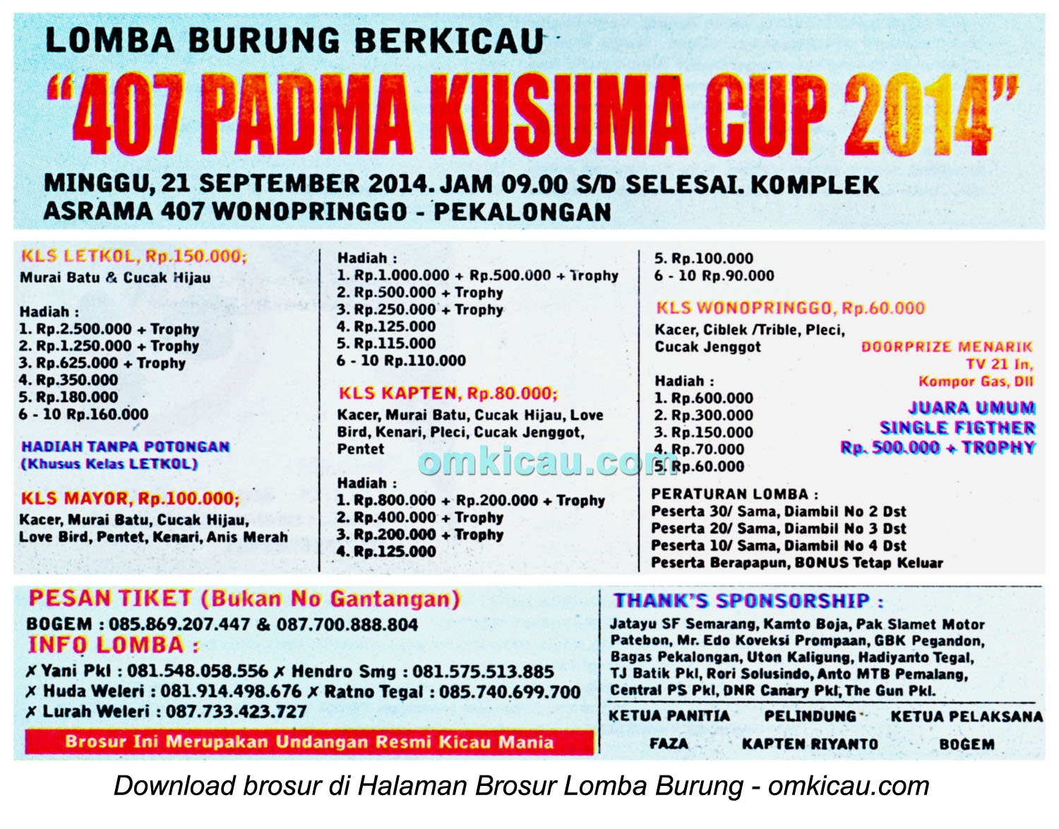 Brosur Lomba Burung Berkicau 407 Padma Kusuma Cup, Pekalongan, 21 September 2014
