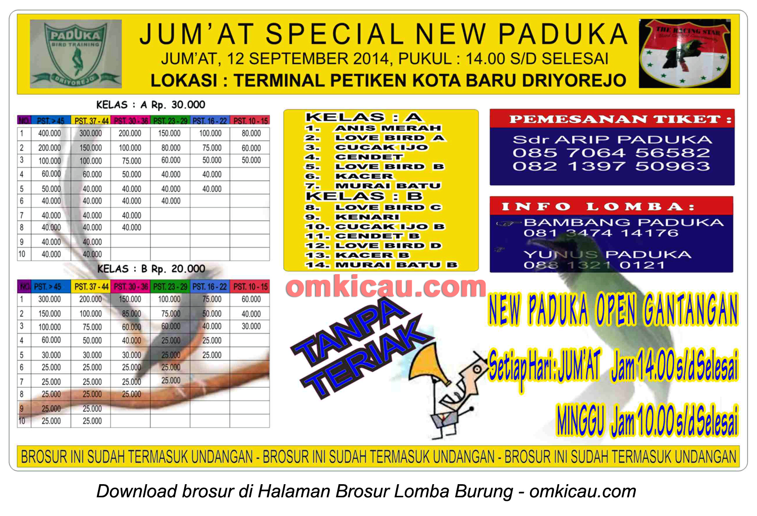 Brosur Lomba Burung Berkicau Jumat Special New Paduka, Gresik, 12 September 2014