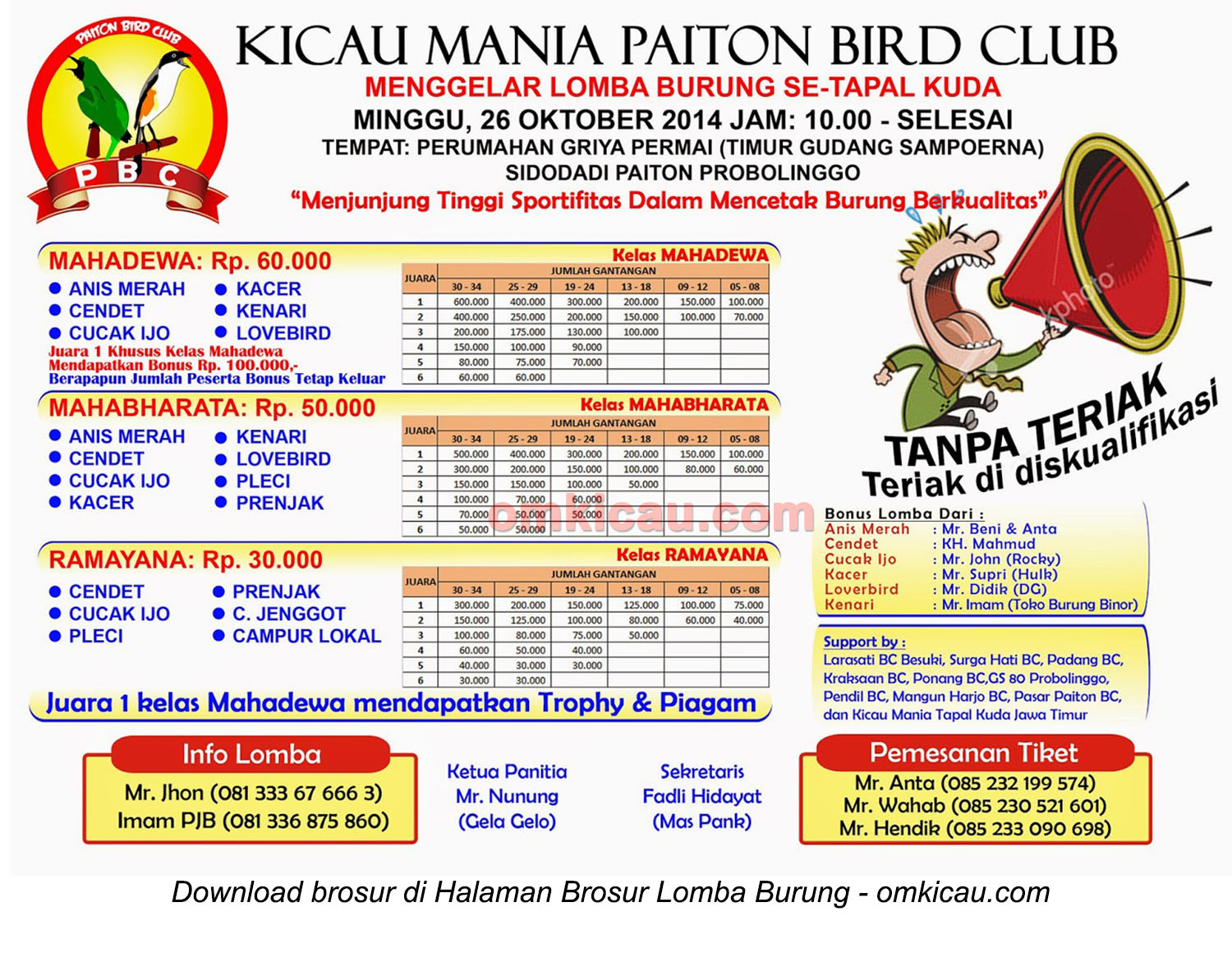 Brosur Lomba Burung Kicau Mania Paiton BC, Probolinggo, 26 Oktober 2014