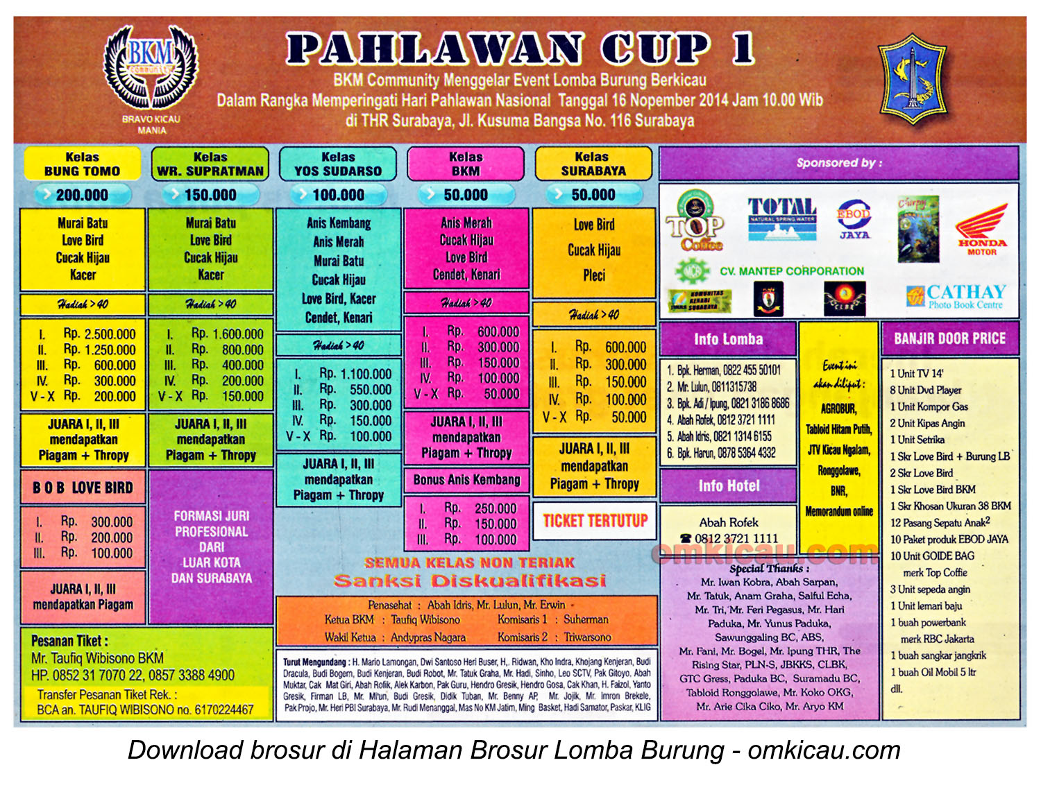 Brosur Lomba Burung Berkicau Pahlawan Cup 1, Surabaya, 16 November 2014