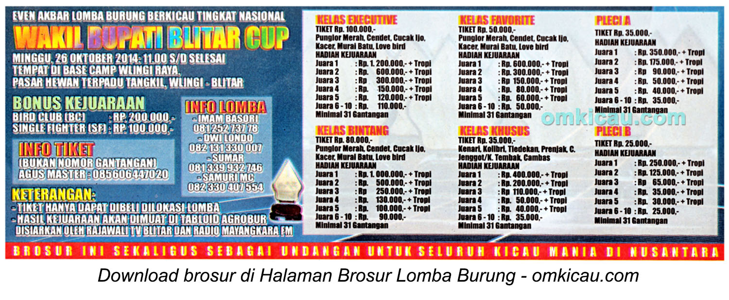 Brosur Lomba Burung Berkicau Wakil Bupati Blitar Cup, 26 Oktober 2014