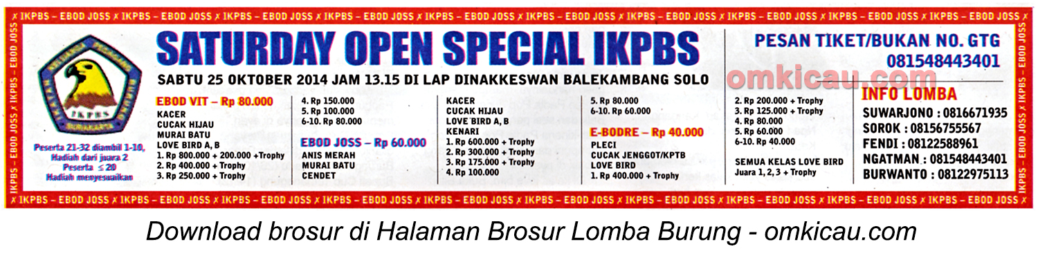 Brosur Lomba Saturday Open Special IKPBS Solo, 25 Oktober 2014