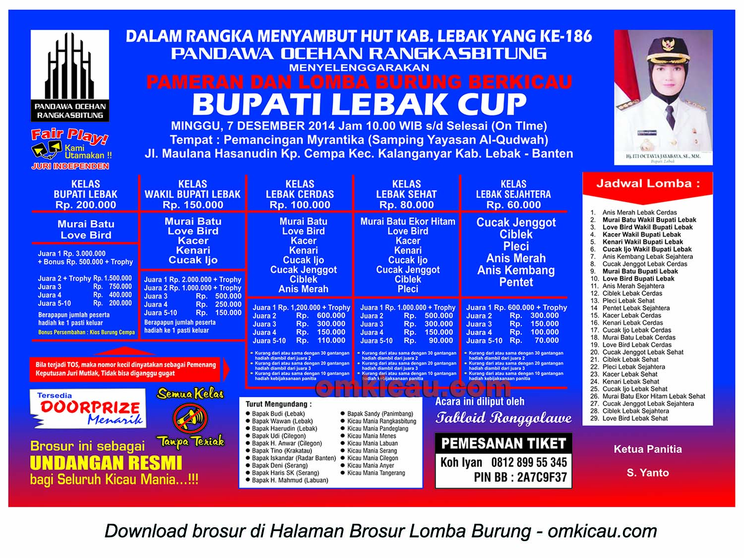 Brosur Lomba Burung Berkicau Bupati Lebak Cup, Lebak-Banten, 7 Desember 2014