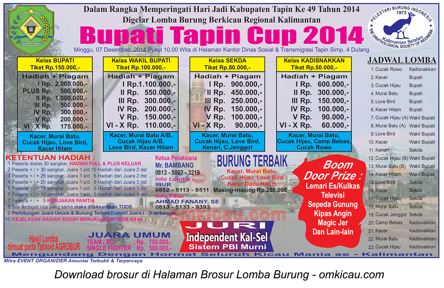 Brosur Lomba Burung Berkicau Bupati Tapin Cup, 7 Desember 2014