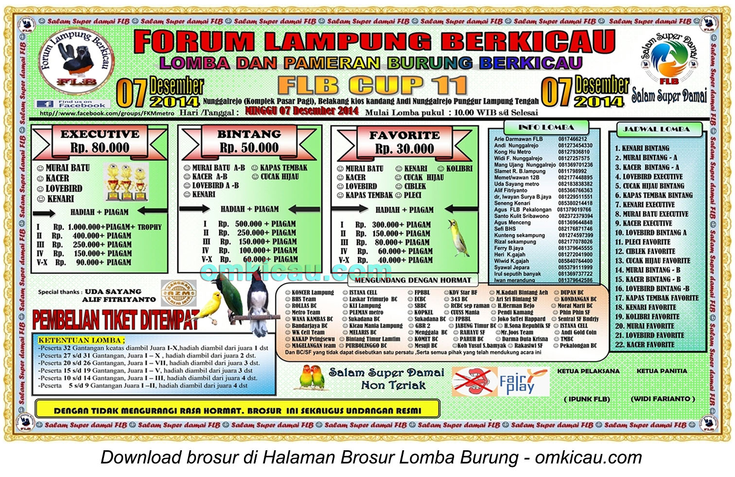 Brosur Lomba Burung Berkicau FLB Cup 11, Lampung Tengah, 7 Desember 2014