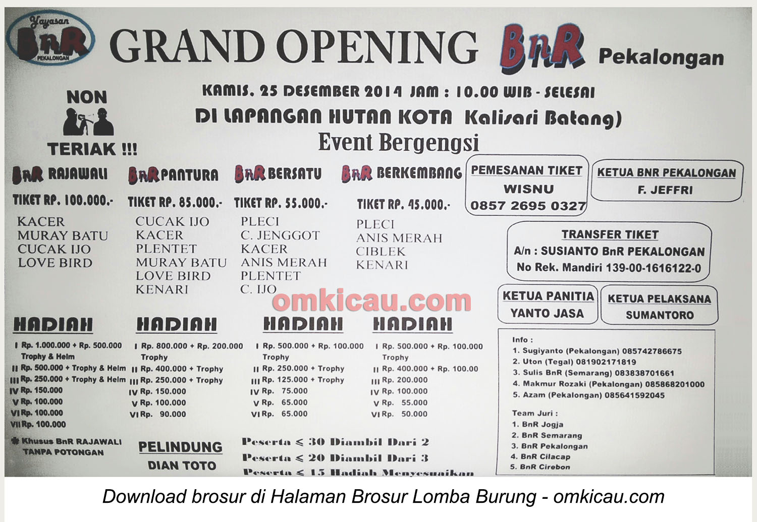 Brosur Lomba Burung Berkicau Grand Opening BnR Pekalongan, 25 Desember 2014