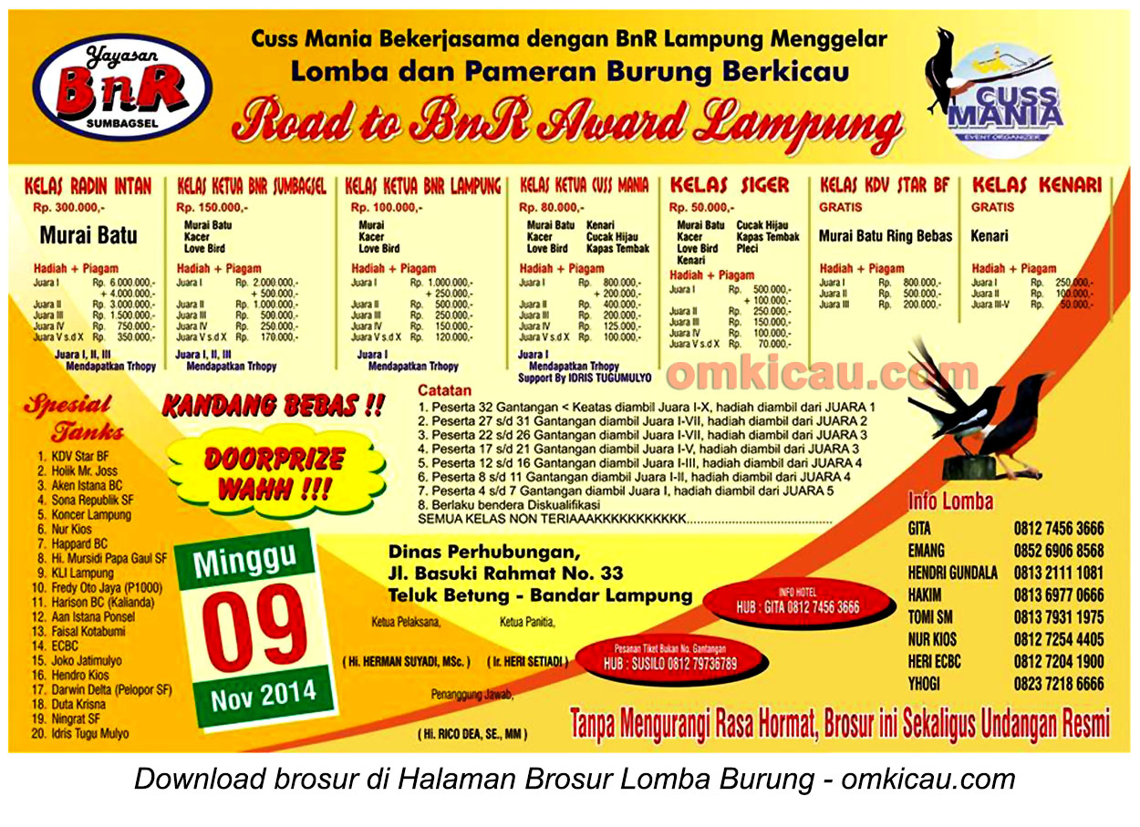 Brosur Lomba Burung Berkicau Road to BnR Award, Bandar Lampung, 9 November 2014