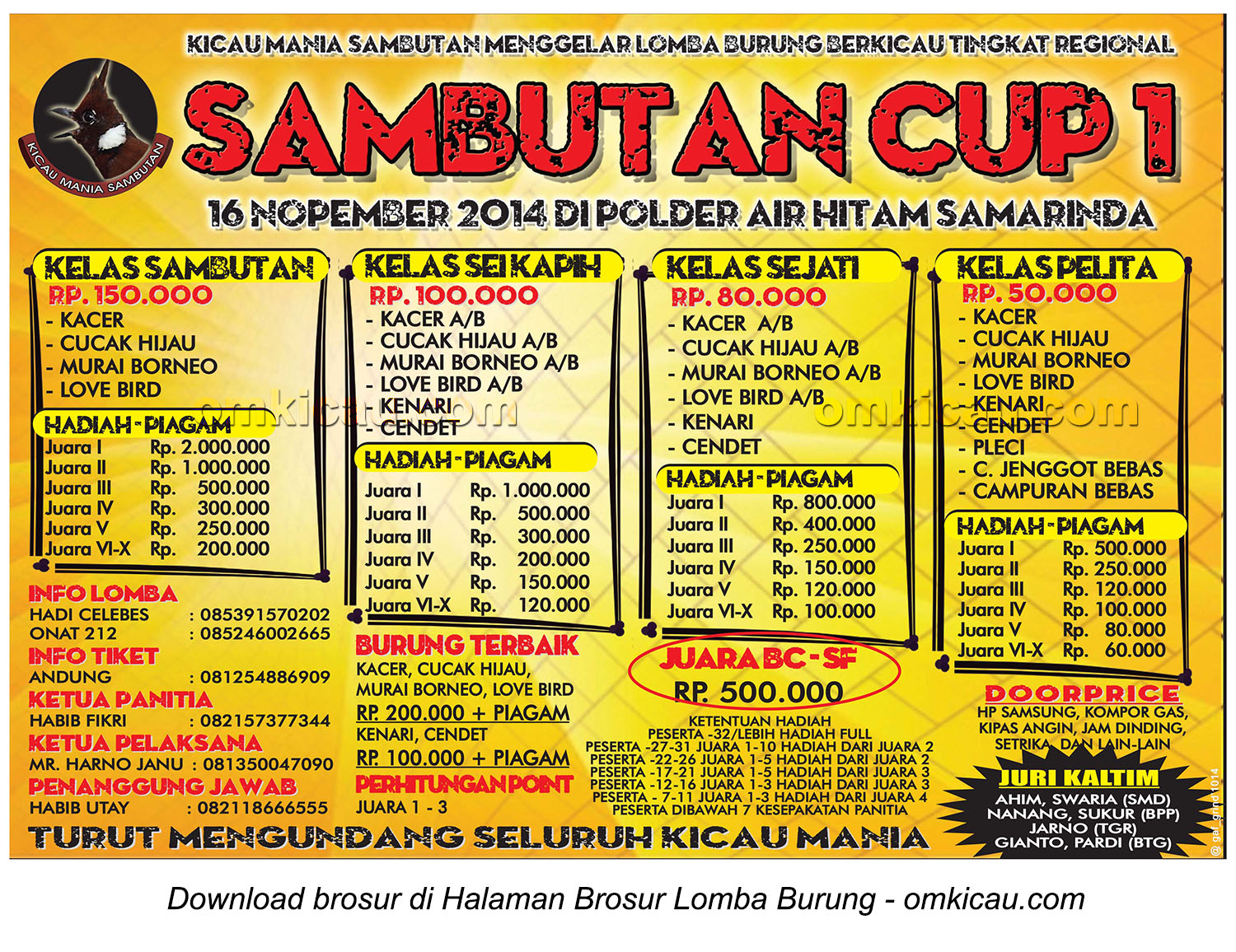 Brosur Lomba Burung Berkicau Sambutan Cup 1, Samarinda, 16 November 2014