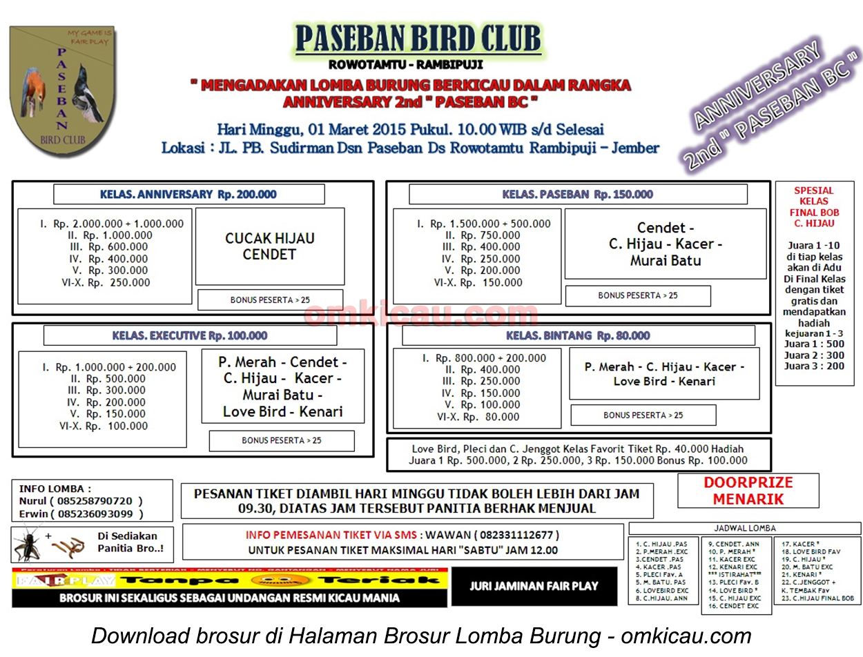 Brosur Lomba Burung Berkicau Anniversarry 2nd Paseban BC, Jember, 1 Maret 2015