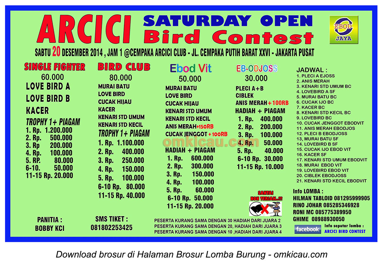 Brosur Lomba Burung Berkicau Arcici Saturday Open, Jakarta Pusat, 20 Desember 2014
