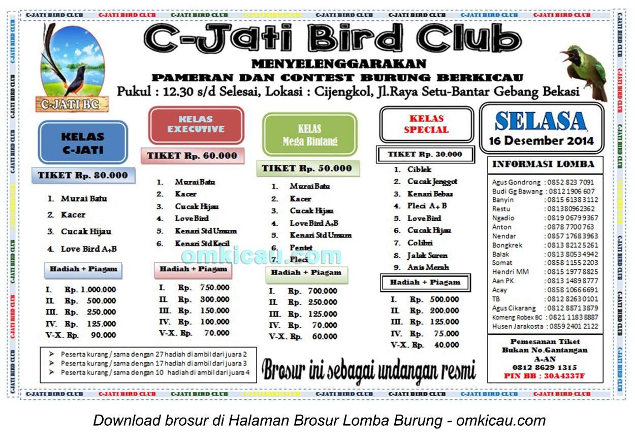 Brosur Lomba Burung Berkicau C-Jati Bird Club, Bekasi, 16 Desember 2014