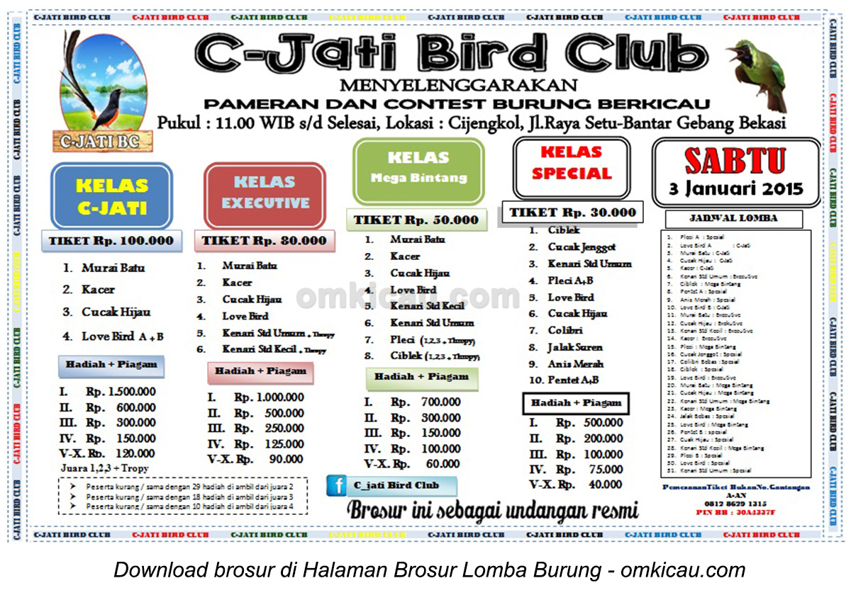 Brosur Lomba Burung Berkicau C-Jati Bird Club, Bekasi, 3 Januari 2015