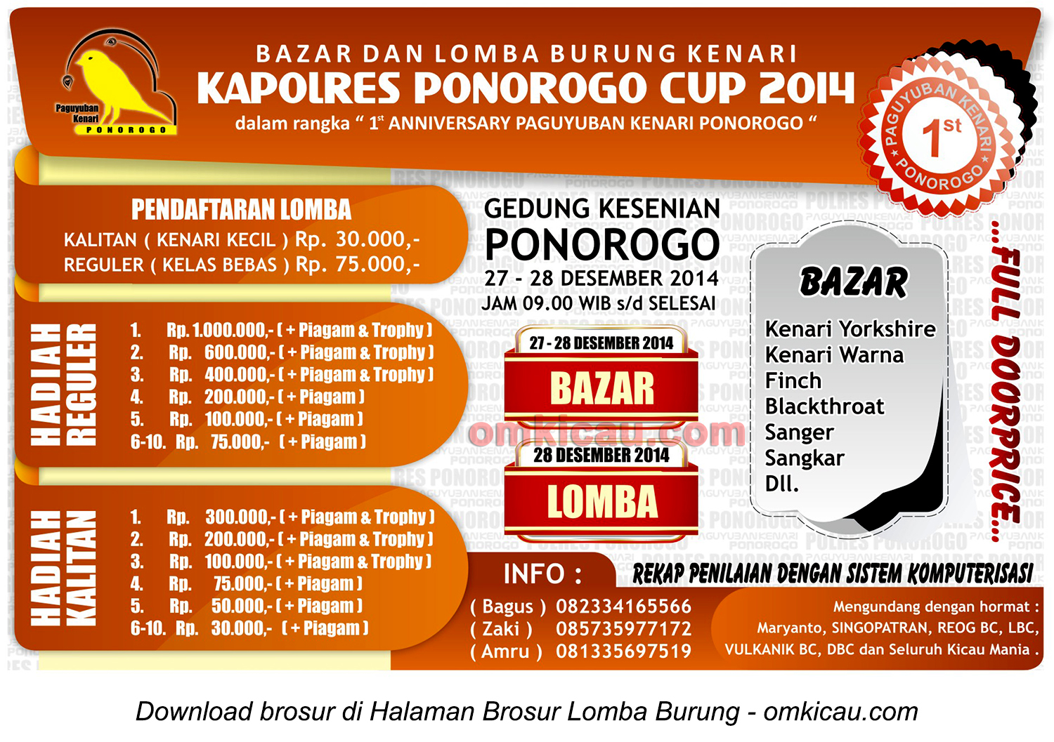 Brosur Lomba Burung Berkicau Kapolres Ponorogo Cup, 27-28 Desember 2014