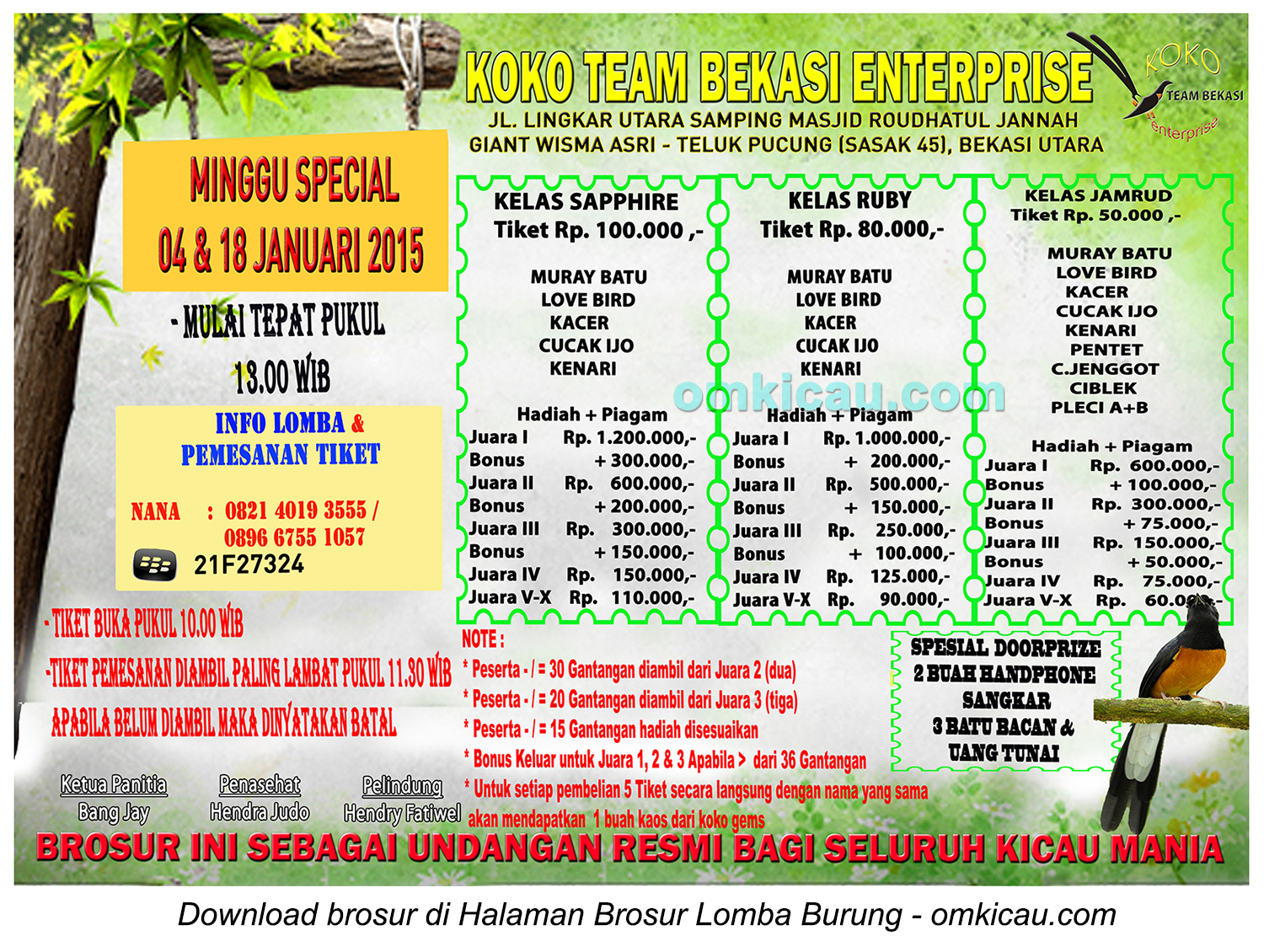 Brosur Lomba Burung Berkicau Koko Team Enterprise, Bekasi, 4-18 Januari 2015