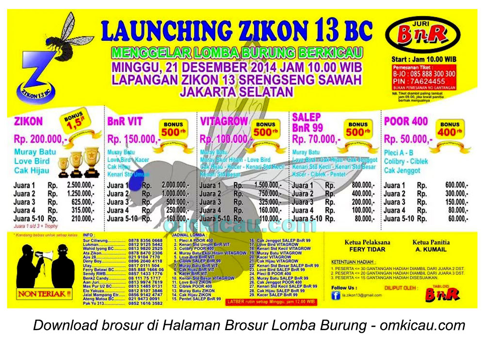 Brosur Lomba Burung Berkicau Launching Zikon 13 BC, Jakarta Selatan, 21 Desember 2014