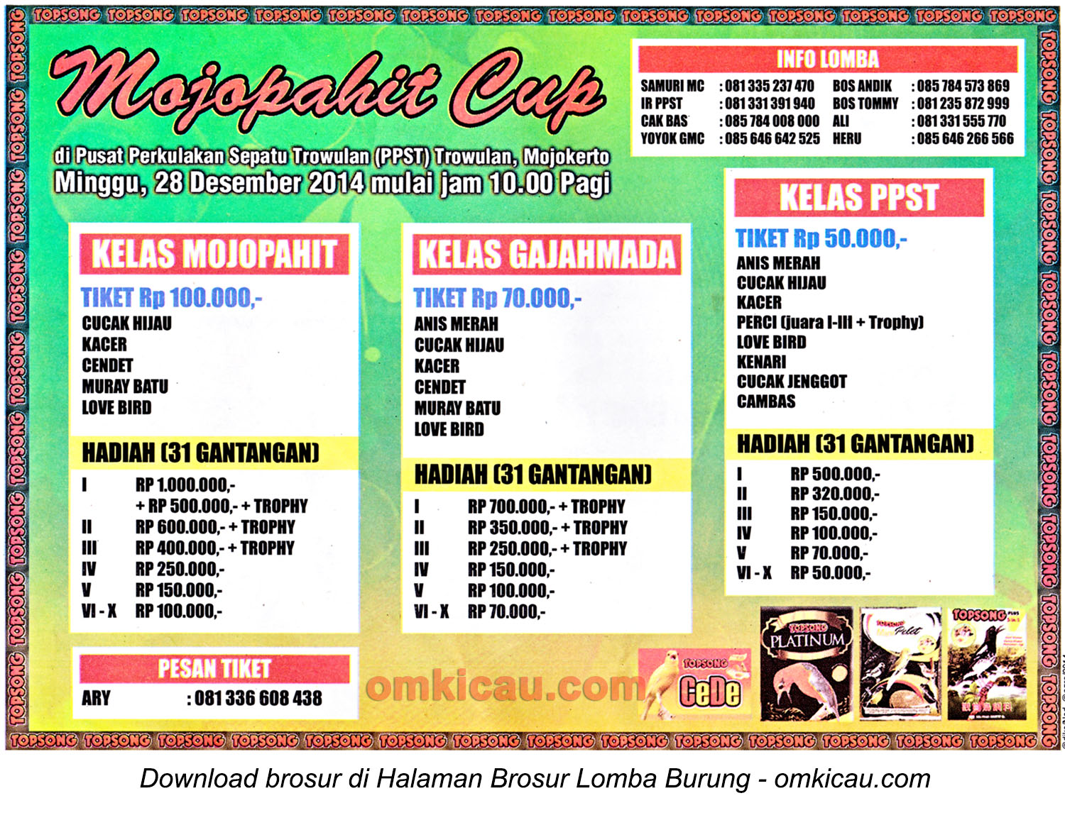 Brosur Lomba Burung Berkicau Mojopahit Cup, Mojokerto, 28 Desember 2014