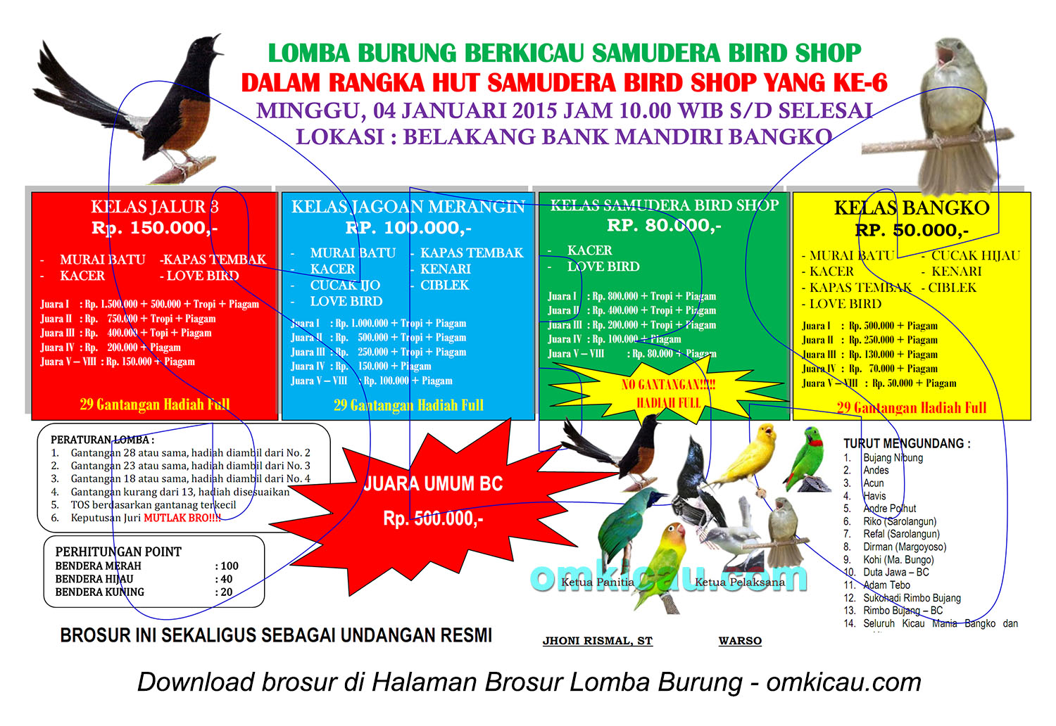 Brosur Lomba Burung Berkicau Samudera Bird Shop, Bangko, 4 Januari 2015