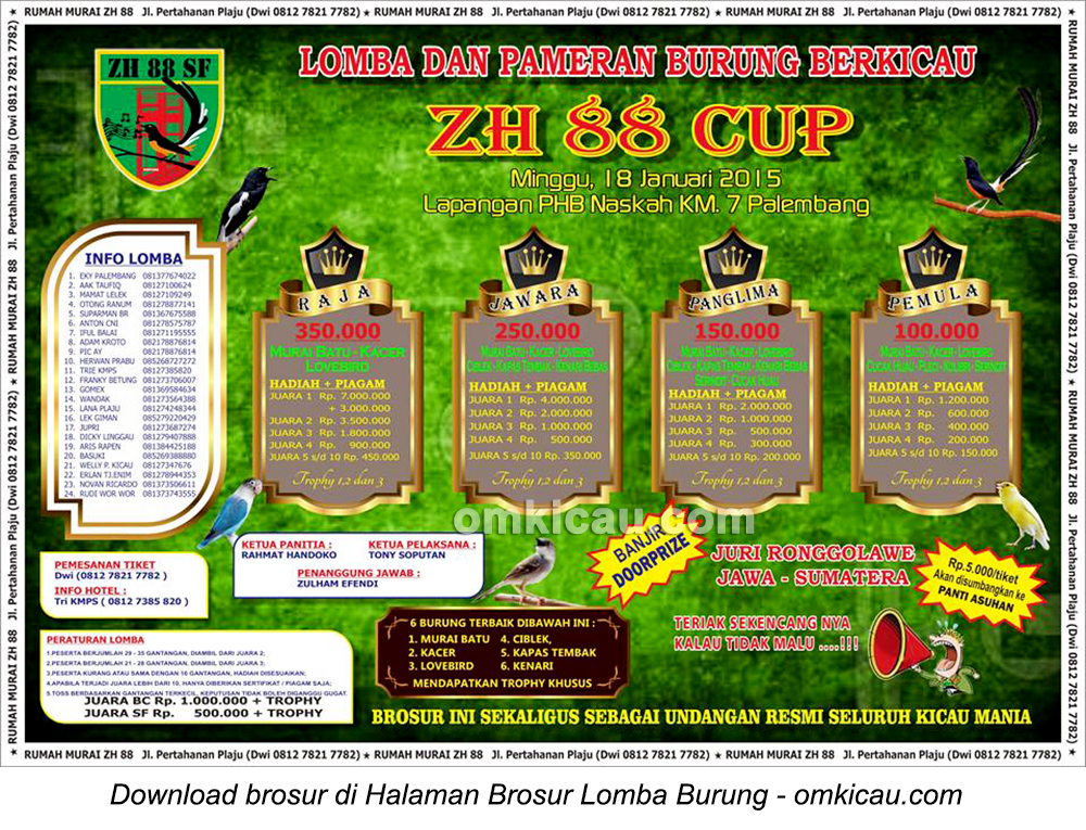 Brosur Lomba Burung Berkicau ZH 88 Cup, Palembang, 18 Januari 2015