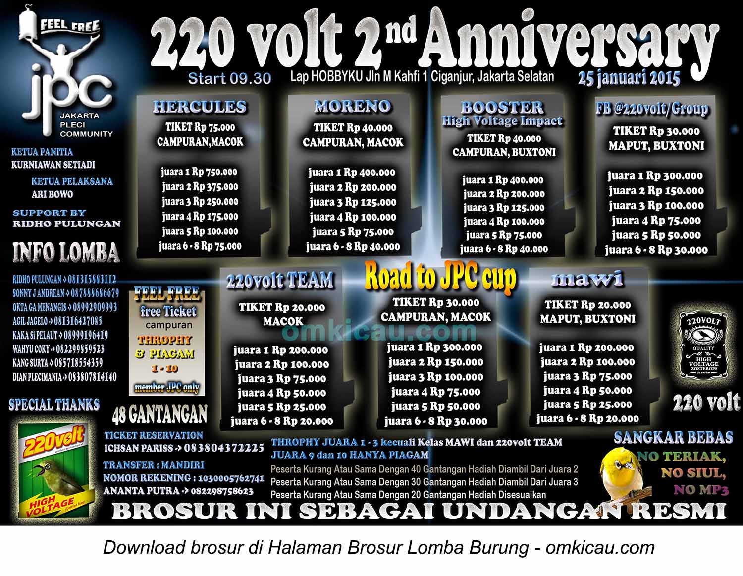 Brosur Lomba Burung Berkicau 220 Volt 2nd Anniversary, Jakarta Selatan, 25 Januari 2015