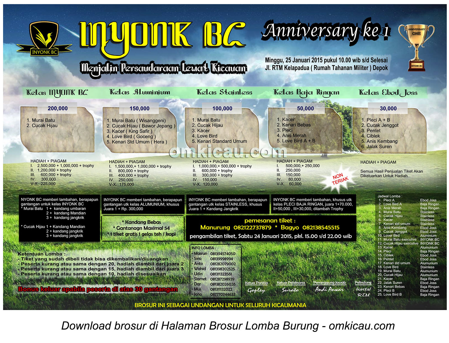 Brosur Lomba Burung Berkicau Anniversary Ke-1 Inyonk BC, Depok, 25 Januari 2015