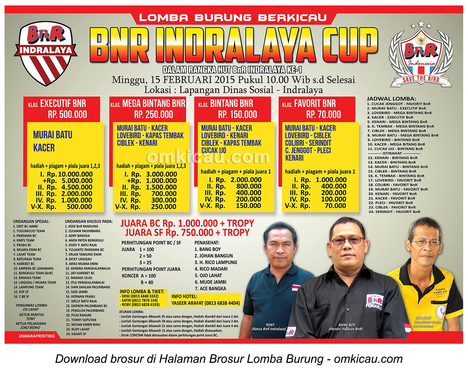 Brosur Lomba Burung Berkicau BnR Indralaya Cup, Ogan Ilir, 15 Februari 2015