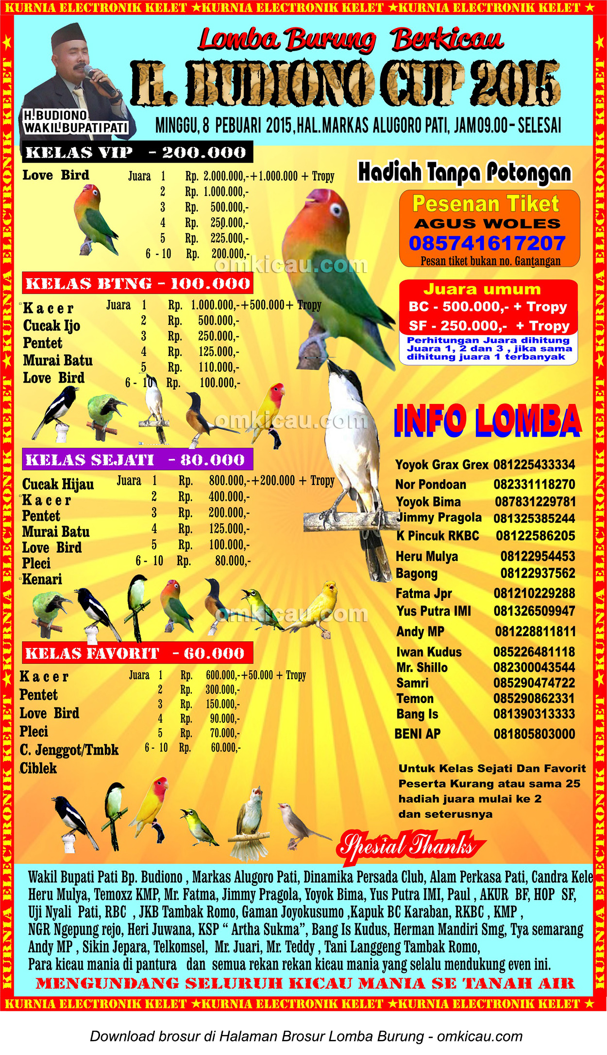 Brosur Lomba Burung Berkicau H Budiono Cup, Pati, 8 Februari 2015