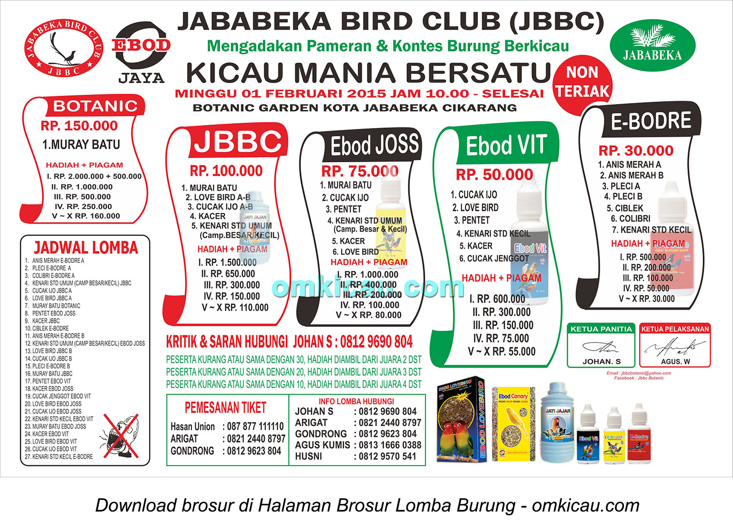 Brosur Lomba Burung Berkicau JBBC, Bekasi, 1 Februari 2015
