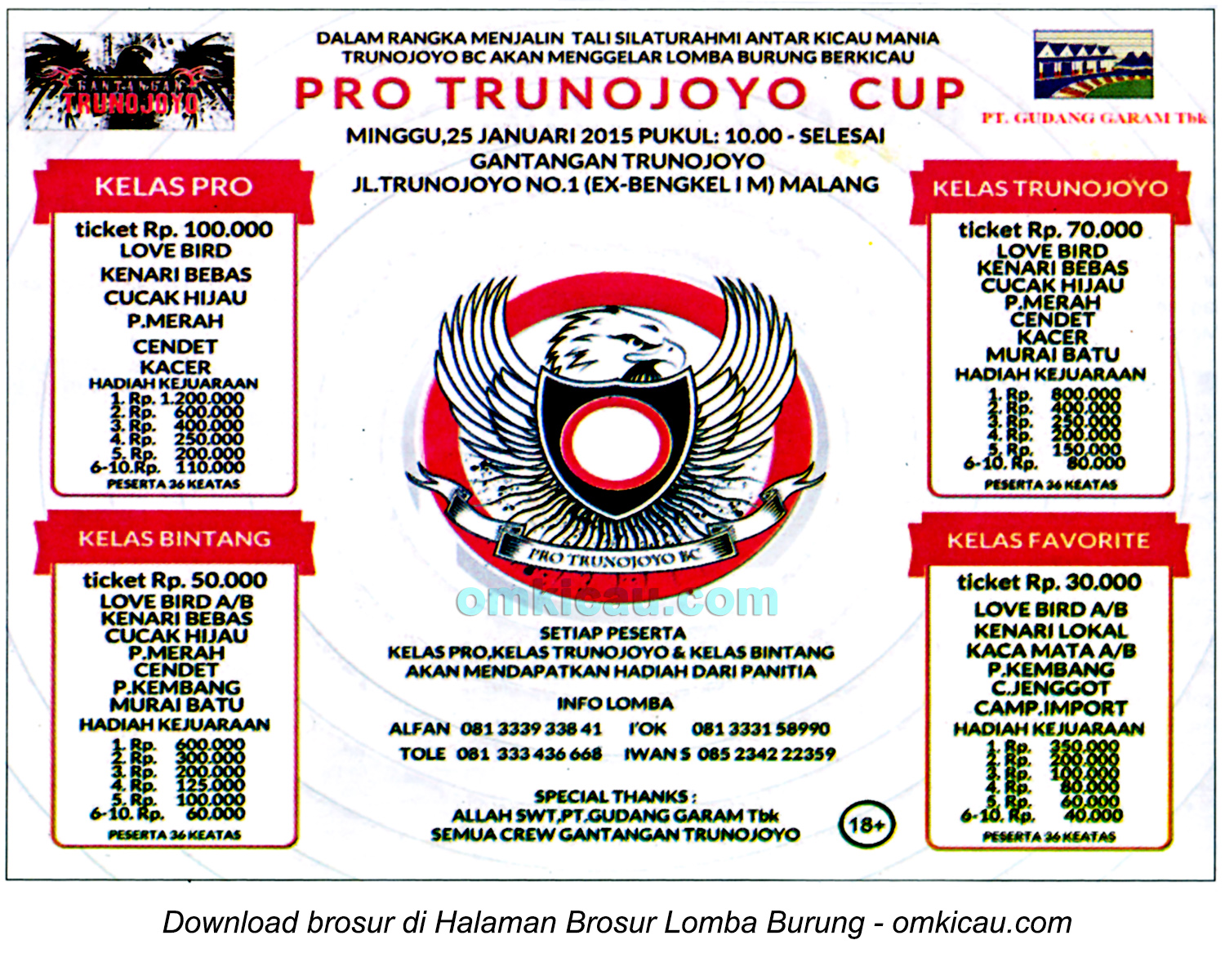 Brosur Lomba Burung Berkicau Pro Trunojoyo Cup, Malang, 25 Januari 2015