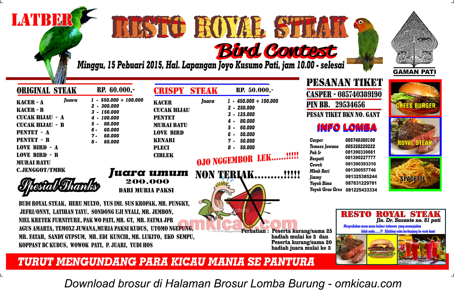 Brosur Lomba Resto Royal Steak Bird Contest, Pati, 15 Februari 2015
