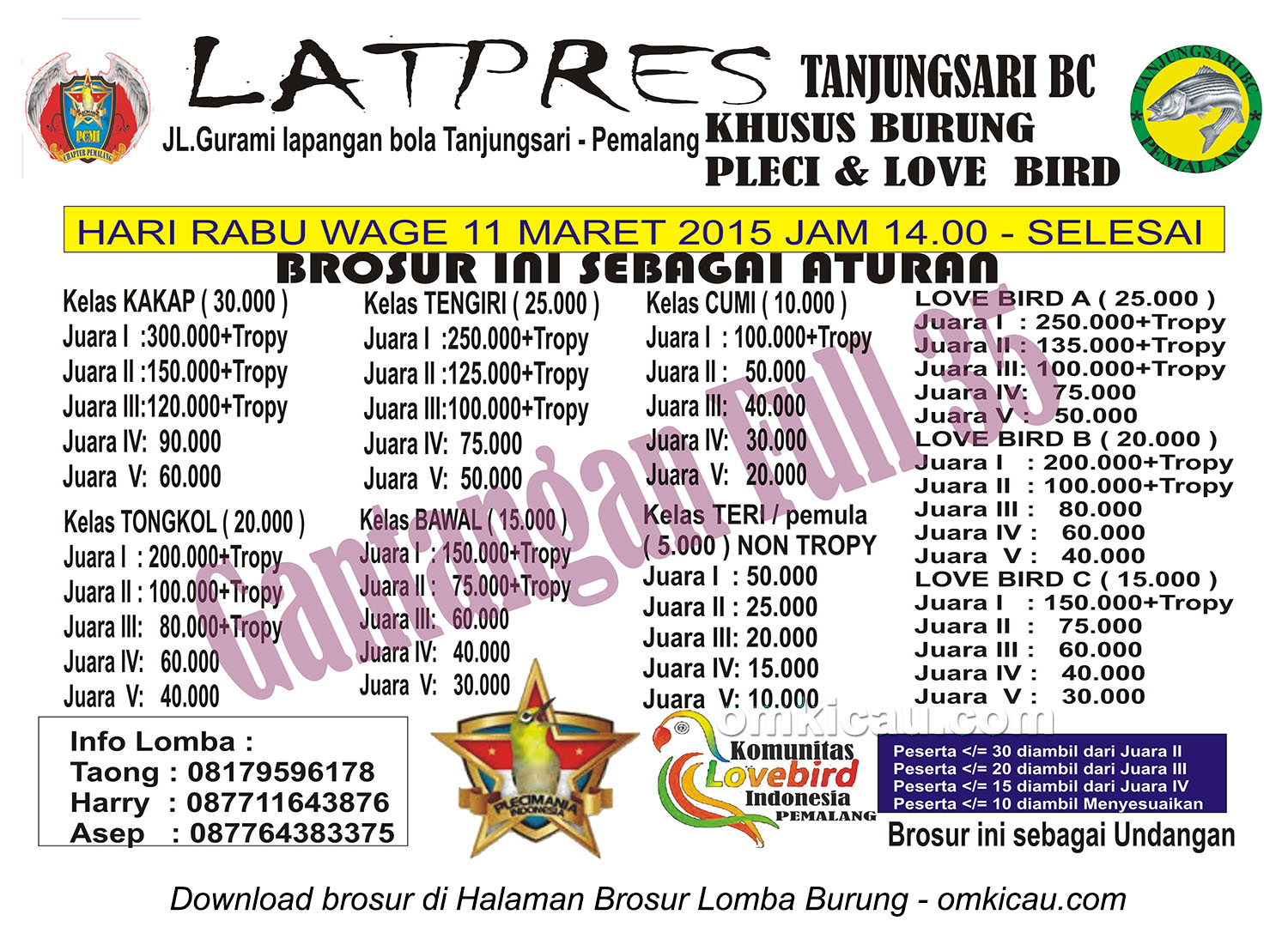 Brosur Latpres Burung Pleci dan Lovebird Tanjungsari BC, Pemalang, 11 Maret 2015