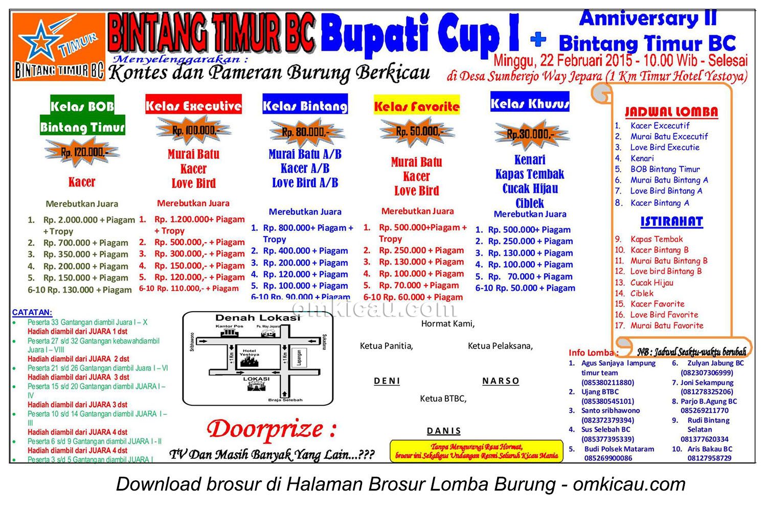 Brosur Lomba Burung Berkicau Bupati Cup I, Lampung Timur, 22 Februari 2015