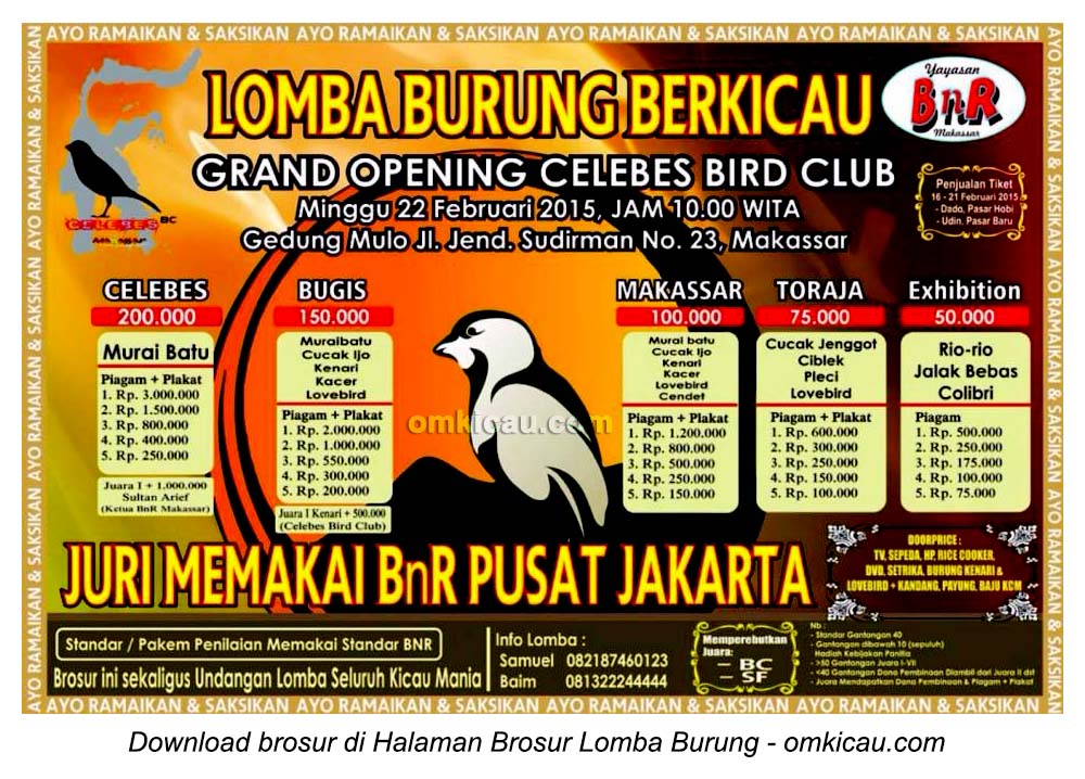Brosur Lomba Burung Berkicau Grand Opening Celebes BC, Makassar, 22 Februari 2015