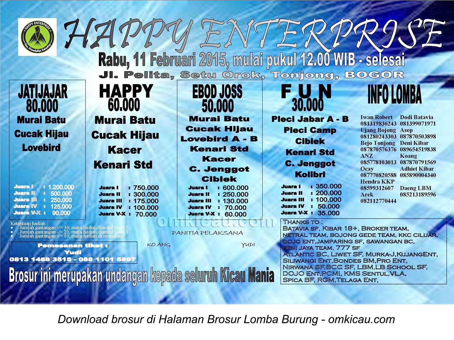 Brosur Lomba Burung Berkicau Happy Enterprise, Bogor, 11 Februari 2015