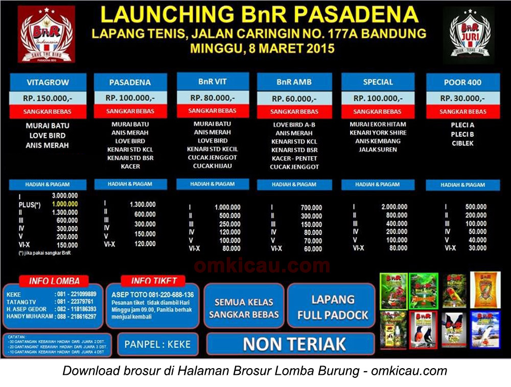 Brosur Lomba Burung Berkicau Launching BnR Pasadena, Bandung, 8 Maret 2015