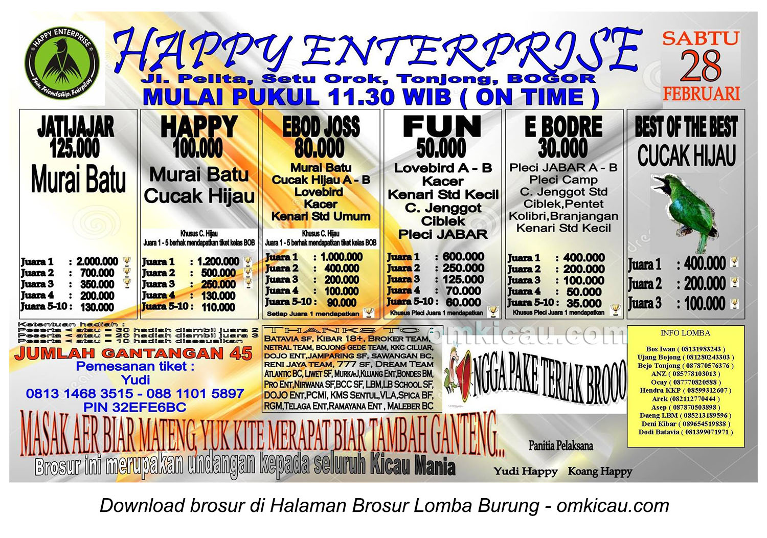 Brosur Lomba Burung Happy Enterprise, Bogor, 28 Februari 2015