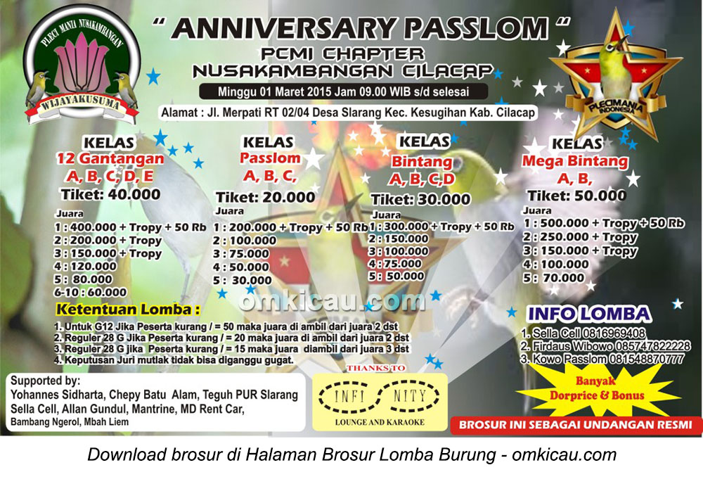 Brosur Lomba Burung Pleci Anniversary Passlom, Cilacap, 1 Maret 2015