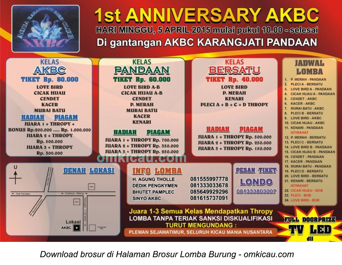 Brosur Lomba Burung Berkicau 1st Anniversary AKBC, Pandaan, 5 April 2015