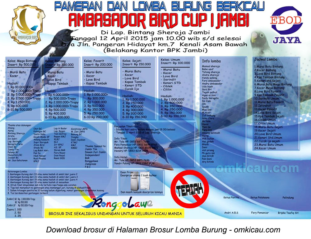 Brosur Lomba Burung Berkicau Ambasador Bird Cup I, Jambi, 12 April 2015