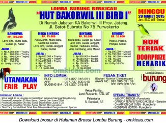 Brosur Lomba Burung Berkicau HUT Bakorwil III Bird I, Purwokerto, 29 Maret 2015