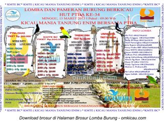Brosur Lomba Burung Berkicau HUT Ke-34 PTBA, Tanjung Enim, 15 Maret 2015