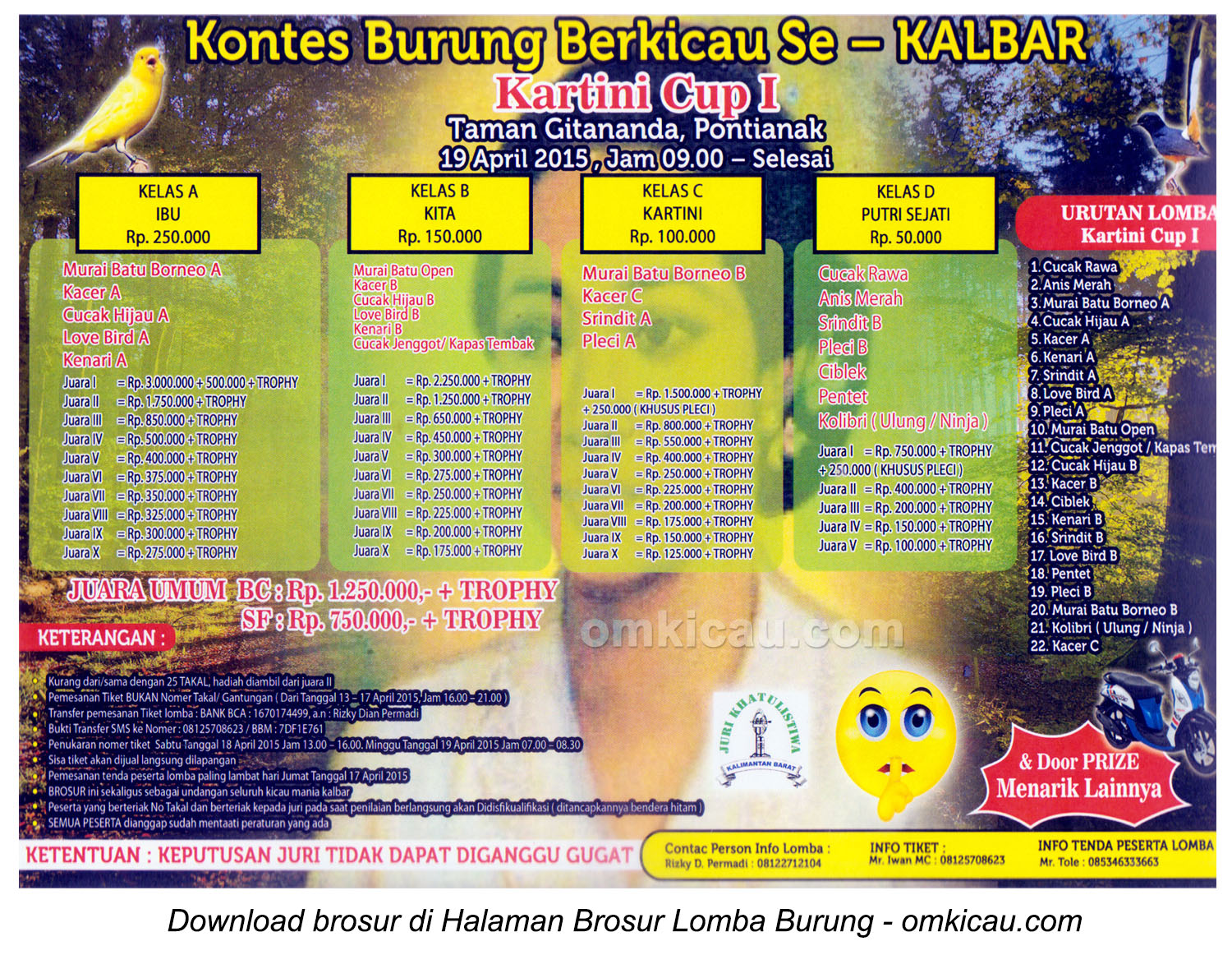Brosur Lomba Burung Berkicau Kartini Cup I, Pontianak, 19 April 2015