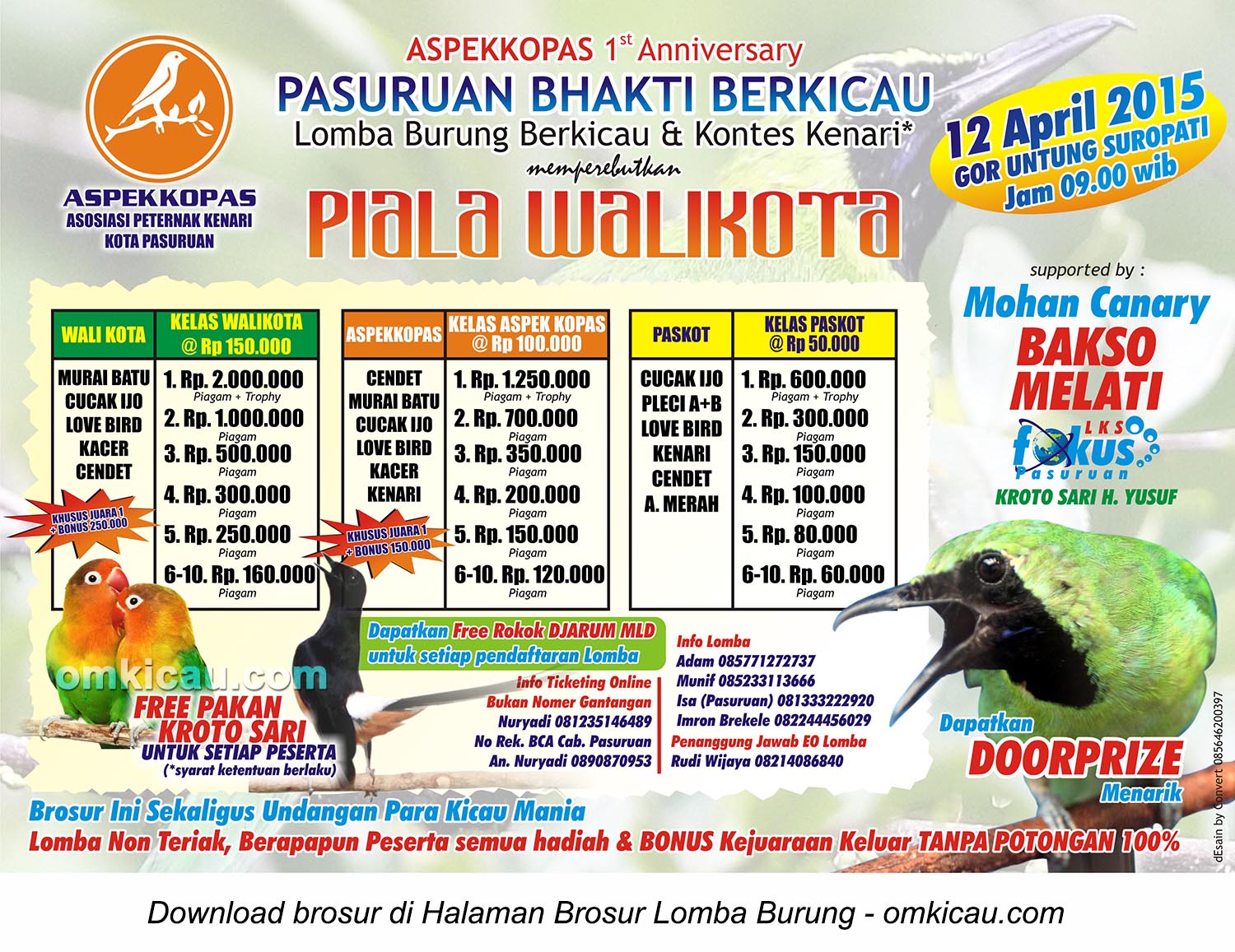 Brosur Lomba Burung Berkicau Piala Walikota, Pasuruan, 12 April 2015