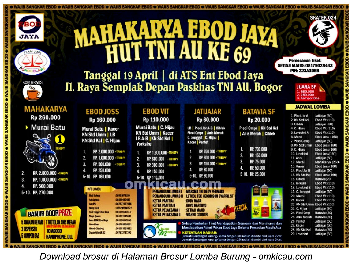 Brosur Lomba Burung Mahakarya Ebod Jaya HUT TNI AU Ke-69, Bogor, 19 April 2015