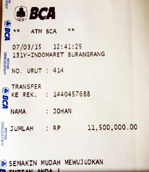 Bukti transfer pembayaran pemenang lelang murai batu